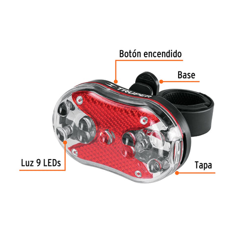 Linterna trasera para bicicleta 9 LEDs con 2 pilas AAA | LIBI-9T | 16797