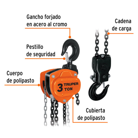 Polipasto industrial de cadena, 3 toneladas, Truper | POL-3 | 16827