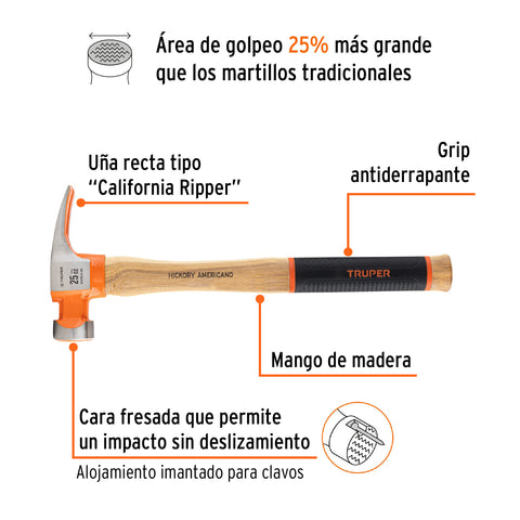 Martillo 25 oz uña recta tipo California Ripper, Truper Grip | MORCA-25 | 16863