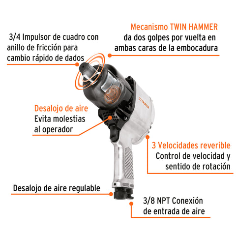 Llave (pistola) de impacto neumática 3/4', ind, TRUPER | TPN-776X-2 | 16889