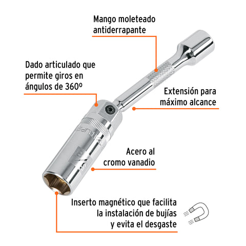 Dado p/bujías cuadro 3/8' articulado 5/8', extensión 6' | D-3820-BE6 | 16898