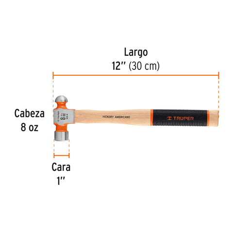 Martillo pulido de bola 8 oz mango hickory, Truper Grip | MB-8 | 16900