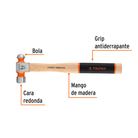 Martillo pulido de bola 8 oz mango hickory, Truper Grip | MB-8 | 16900