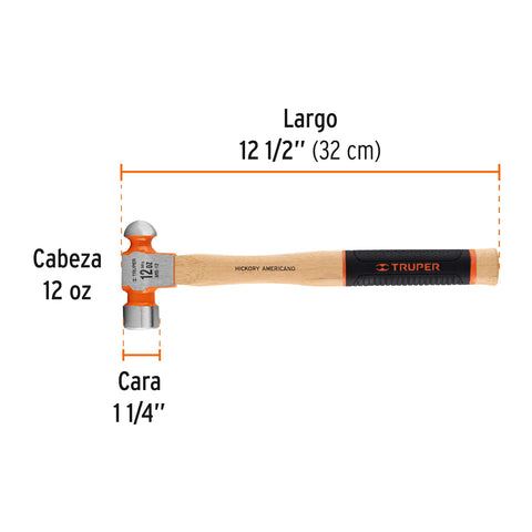 Martillo pulido de bola 12 oz mango hickory, Truper Grip | MB-12 | 16901