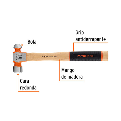 Martillo pulido de bola 12 oz mango hickory, Truper Grip | MB-12 | 16901