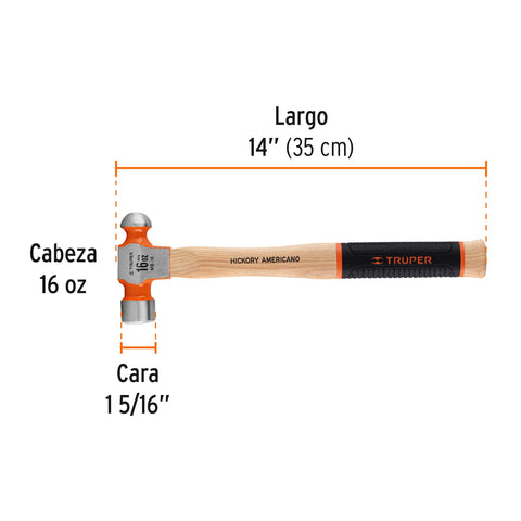 Martillo pulido de bola 16 oz mango hickory, Truper Grip | MB-16 | 16902