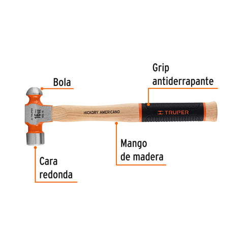 Martillo pulido de bola 16 oz mango hickory, Truper Grip | MB-16 | 16902