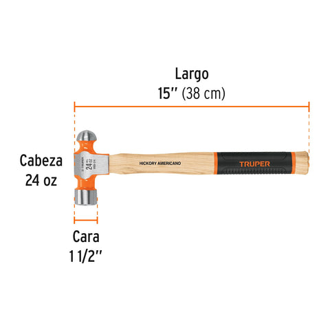 Martillo pulido de bola 24 oz mango hickory, Truper Grip | MB-24 | 16903
