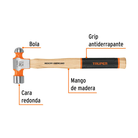 Martillo pulido de bola 24 oz mango hickory, Truper Grip | MB-24 | 16903