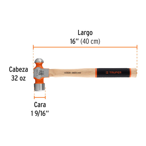 Martillo pulido de bola 32 oz mango hickory, Truper Grip | MB-32 | 16904