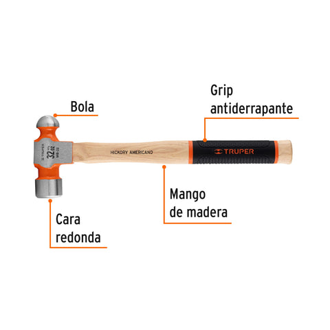 Martillo pulido de bola 32 oz mango hickory, Truper Grip | MB-32 | 16904
