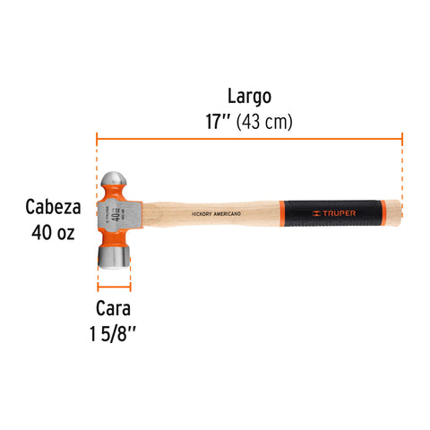 Martillo pulido de bola 40 oz mango hickory, Truper Grip | MB-40 | 16905