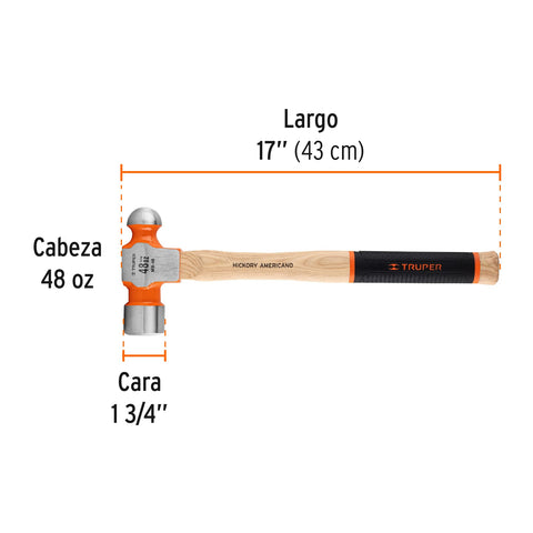 Martillo pulido de bola 48 oz mango hickory, Truper Grip | MB-48 | 16906