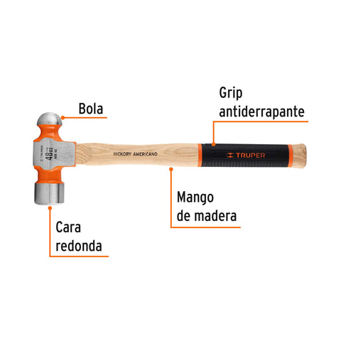 Martillo pulido de bola 48 oz mango hickory, Truper Grip | MB-48 | 16906