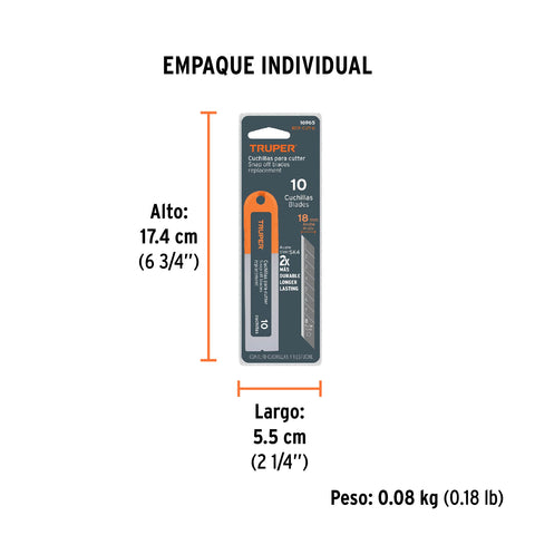 Estuche con 10 cuchillas SK4 de 18 mm para cutter, Truper | REP-CUT-6 | 16965