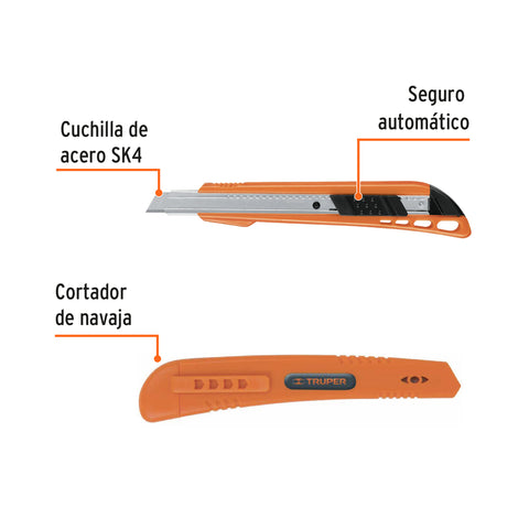 Cutter 9 mm reforzado de plástico con alma metálica, Truper | CUT-5 | 16968