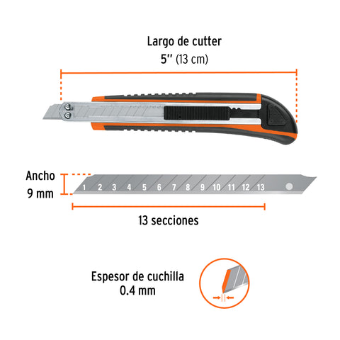 Cutter 9 mm profesional con alma metálica y grip, Truper | CUT-5X | 16971
