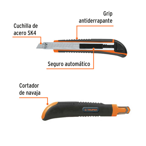 Cutter 9 mm profesional con alma metálica y grip, Truper | CUT-5X | 16971