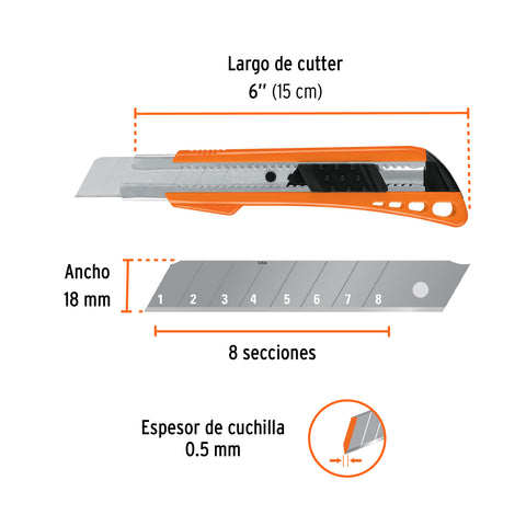 Cutter 18 mm reforzado de plástico con alma metálica, Truper | CUT-6 | 16974