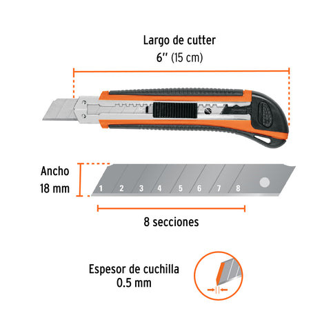 Cutter 18 mm profesional con alma metálica y grip, Truper | CUT-6X | 16977
