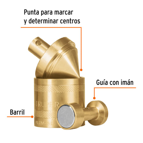 Plomada de latón 16 oz con centro y guía magnética, Truper | PLOM-3L | 17068