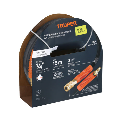 Manguera para compresor, de hule, 15m x 1/4', Truper | MAN-AP-15-1/4 | 17081