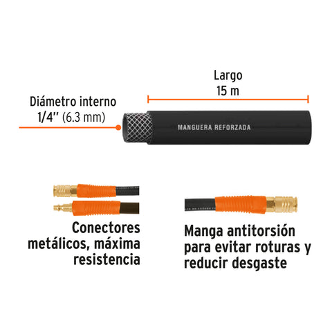 Manguera para compresor, de hule, 15m x 1/4', Truper | MAN-AP-15-1/4 | 17081
