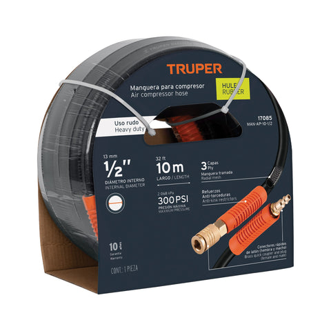 Manguera para compresor, de hule, 10m x 1/2', Truper | MAN-AP-10-1/2 | 17085