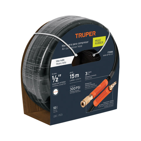 Manguera para compresor, de hule, 15m x 1/2', Truper | MAN-AP-15-1/2 | 17086