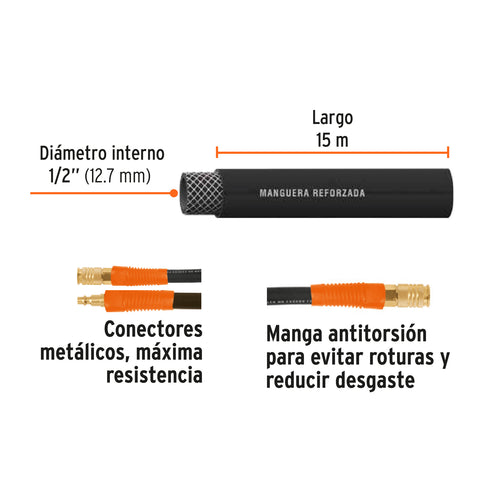 Manguera para compresor, de hule, 15m x 1/2', Truper | MAN-AP-15-1/2 | 17086