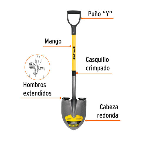 Pala redonda Tru Pro, puño 'Y', mango de fibra de vidrio | PRY-F | 17150