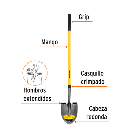Pala redonda Tru Pro, mango largo de fibra de vidrio 48' | PRL-F | 17166