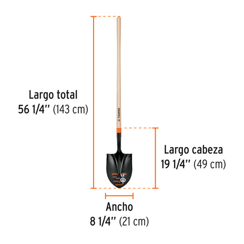Pala redonda T-2000, mango largo 45', Truper | PRL-P | 17175