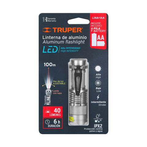Linterna de aluminio 1 LED de 40 lm con 1 pila AA, Truper | LINA-1AA | 17256