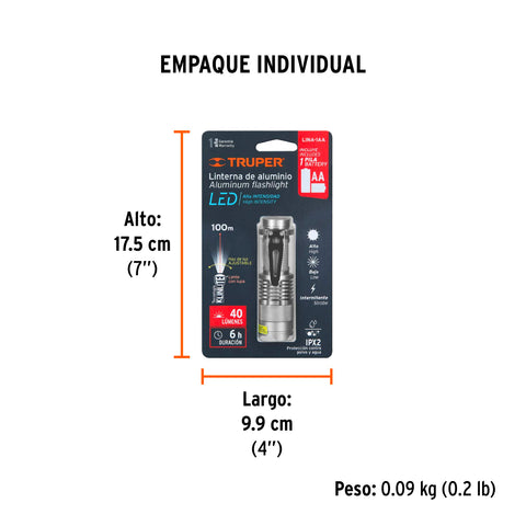 Linterna de aluminio 1 LED de 40 lm con 1 pila AA, Truper | LINA-1AA | 17256