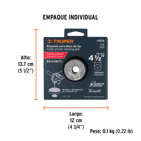 Respaldo para discos de lija 4-1/2', eje 5/8, TRUPER | RES-DILI-4-1/2P | 17273