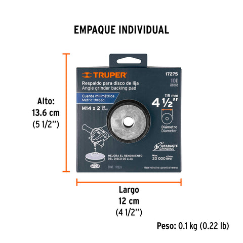 Respaldo para discos de lija 4-1/2', eje M14, TRUPER | RES-DILI-4-1/2M | 17275
