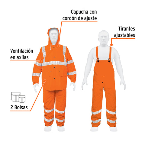 Conjunto impermeable doble capa naranja con reflejante, M | TRA-NAR-M | 17408
