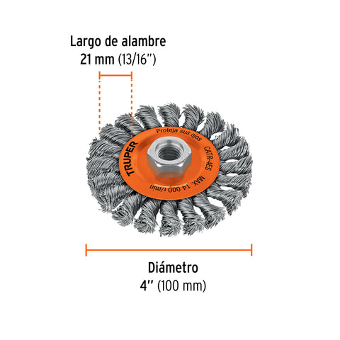 Carda circular 4' alambre trenzado, eje 5/8'-11, Truper | CATR-4ES | 17527