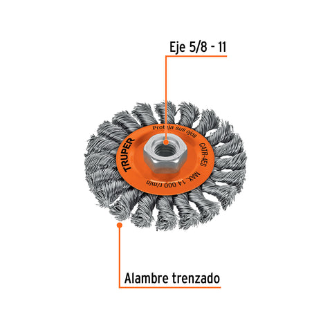 Carda circular 4' alambre trenzado, eje 5/8'-11, Truper | CATR-4ES | 17527