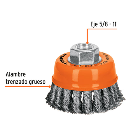 Carda copa 3' alambre trenzado grueso, eje 5/8'-11, Truper | CT-608X | 17529