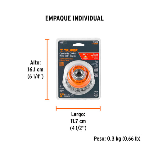 Carda copa 3' alambre trenzado grueso, eje 5/8'-11, Truper | CT-608X | 17529
