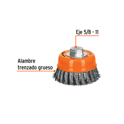 Carda copa 4' alambre trenzado grueso, eje 5/8'-11, Truper | CT-610X | 17531
