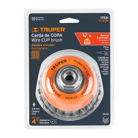 Carda copa 4' alambre trenzado grueso, eje 5/8'-11, Truper | CT-610X | 17531
