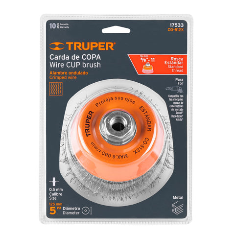 Carda copa 5' alambre ondulado grueso, eje 5/8'-11, Truper | CO-512X | 17533