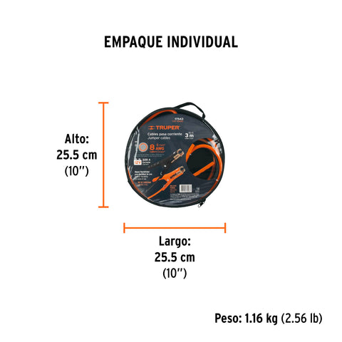 Cables pasa corriente 3 m, 225 A, 8 AWG, con funda, Truper | CAP-3008T | 17543