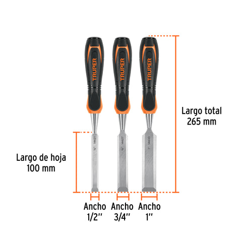 Juego de 3 formones mango Comfort Grip, Truper | JFT-3 | 17759