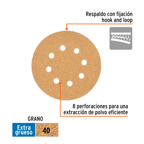 Paquete c/5 discos de lija 5' grano 40, 8 perforaciones | DIRO-54 | 17765