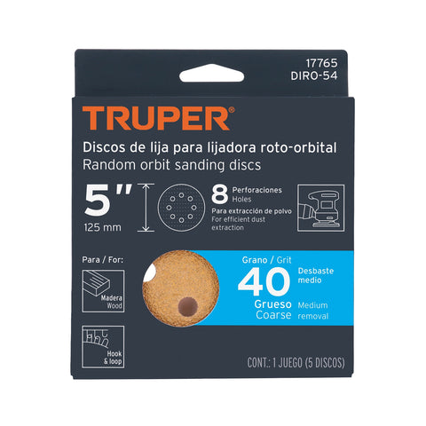 Paquete c/5 discos de lija 5' grano 40, 8 perforaciones | DIRO-54 | 17765