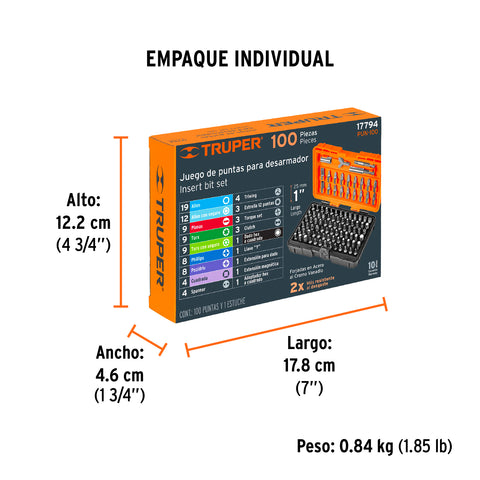 Juego de 100 puntas mixtas largo 1' en estuche plástico | PUN-100 | 17794